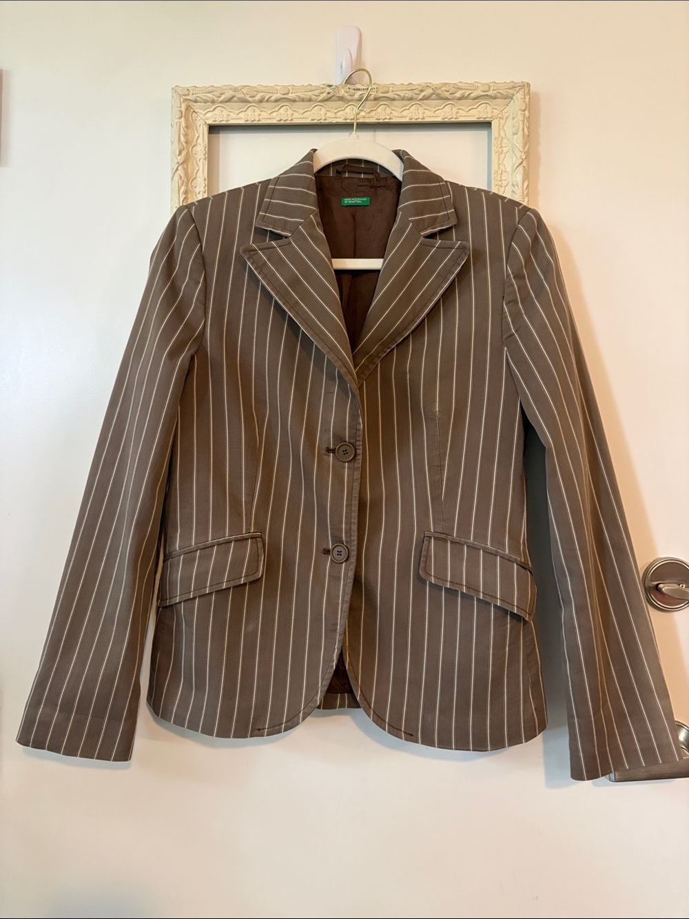 TAGLIA | Vintage Cotton Brown Pinstripe Women's Blazer - Picture 2 of 14